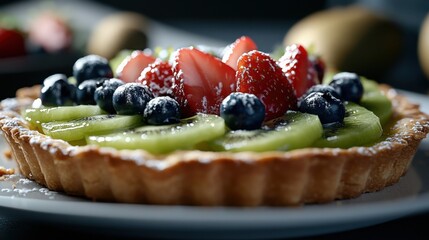 Colorful fruit tart with kiwi and berries for food photography and culinary design