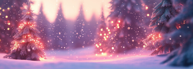 Winter background with forest with fir trees and snowflakes in beautiful light.