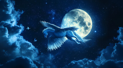 Poster - Pegasus soaring in the moonlit sky, full moon and stars, majestic mythical creature, generative ai. Moonlit Pegasus. Illustration