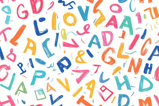 English letters in a random arrangement on a white background. Seamless pattern.