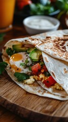 Delicious breakfast burrito with scrambled eggs and fresh vegetables for food photography