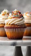 Fluffy vanilla cupcakes with sprinkles for spring-themed food photography