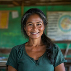 Female Teacher Smiling in Colorful Classroom with Young Students
