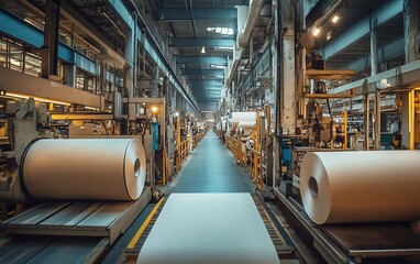 Aufkleber - Busy factory environment with machinery dedicated to paperboard manufacturing, capturing the essence of industrial production