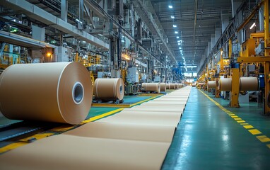Poster - Busy factory environment with machinery dedicated to paperboard manufacturing, capturing the essence of industrial production