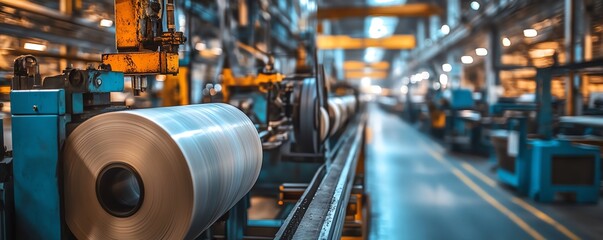 Poster - Detailed view of factory machinery actively producing paperboard, illustrating the technology and processes involved in manufacturing