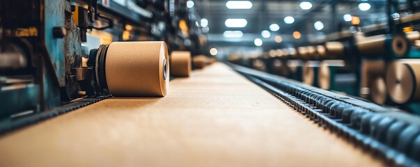Poster - Detailed view of factory machinery actively producing paperboard, illustrating the technology and processes involved in manufacturing