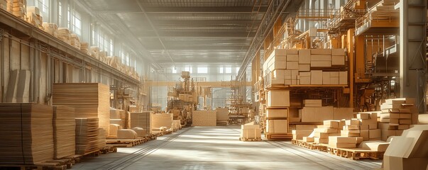 Dynamic scene of a paperboard manufacturing facility, featuring advanced industrial machinery and the production process in action