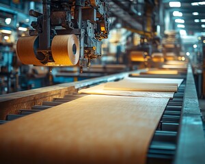 Poster - Inside a paperboard factory, machinery efficiently producing paperboard sheets, illustrating the mechanics of industrial manufacturing