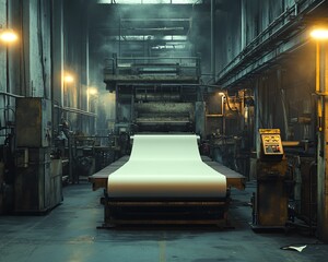 Poster - Inside a paperboard factory, machinery efficiently producing paperboard sheets, illustrating the mechanics of industrial manufacturing