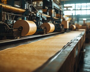 Poster - Inside a paperboard factory, machinery efficiently producing paperboard sheets, illustrating the mechanics of industrial manufacturing