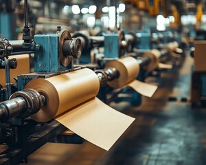 Poster - Inside a paperboard factory, machinery efficiently producing paperboard sheets, illustrating the mechanics of industrial manufacturing