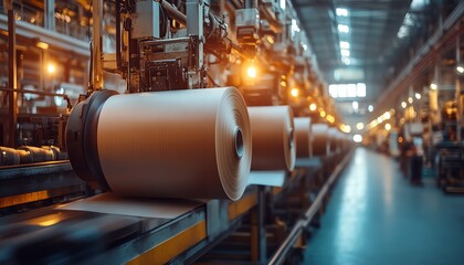 Poster - Sophisticated industrial equipment in a factory setting, focused on the paperboard production process, highlighting the integration of technology