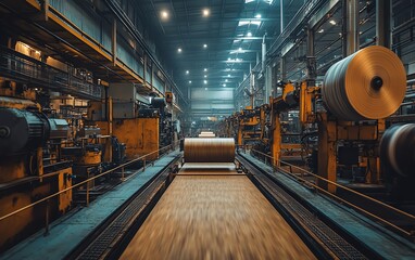 Poster - Sophisticated industrial equipment in a factory setting, focused on the paperboard production process, highlighting the integration of technology