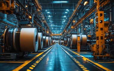 Poster - Sophisticated industrial equipment in a factory setting, focused on the paperboard production process, highlighting the integration of technology