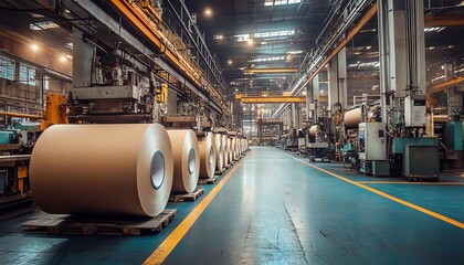 Poster - Busy factory environment with machinery dedicated to paperboard manufacturing, capturing the essence of industrial production