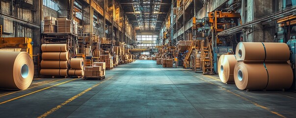 Poster - Industrial factory setting with machinery dedicated to paperboard production, emphasizing the scale and efficiency of the manufacturing process
