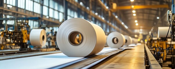 Poster - Industrial machinery in a factory producing paperboard, showcasing the intricate process of paperboard manufacturing and production efficiency