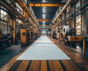 Poster - Inside a paperboard factory, machinery efficiently producing paperboard sheets, illustrating the mechanics of industrial manufacturing