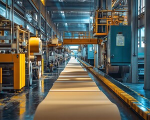 Poster - Inside a paperboard factory, machinery efficiently producing paperboard sheets, illustrating the mechanics of industrial manufacturing