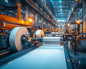 Inside a paperboard factory, machinery efficiently producing paperboard sheets, illustrating the mechanics of industrial manufacturing