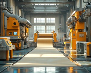 Poster - Inside a paperboard factory, machinery efficiently producing paperboard sheets, illustrating the mechanics of industrial manufacturing