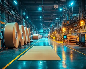 Poster - Inside a paperboard factory, machinery efficiently producing paperboard sheets, illustrating the mechanics of industrial manufacturing
