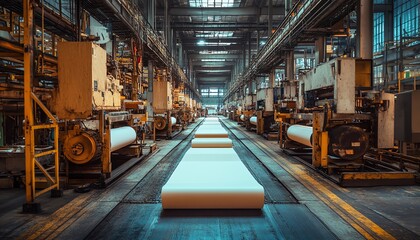 Poster - Inside a paperboard factory, machinery efficiently producing paperboard sheets, illustrating the mechanics of industrial manufacturing