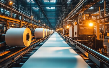 Poster - Paperboard manufacturing facility filled with advanced machinery, illustrating the stepbystep production process in a factory environment
