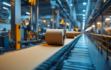 Poster - Sophisticated industrial equipment in a factory setting, focused on the paperboard production process, highlighting the integration of technology