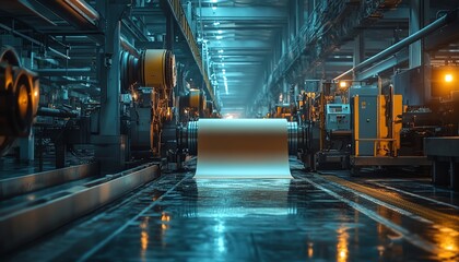 Aufkleber - Sophisticated industrial equipment in a factory setting, focused on the paperboard production process, highlighting the integration of technology