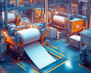 Poster - Vibrant factory setting with large industrial machines producing paperboard, illustrating the scale and technology of modern manufacturing