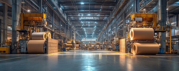 Poster - Vibrant factory setting with large industrial machines producing paperboard, illustrating the scale and technology of modern manufacturing