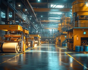 Poster - Vibrant factory setting with large industrial machines producing paperboard, illustrating the scale and technology of modern manufacturing