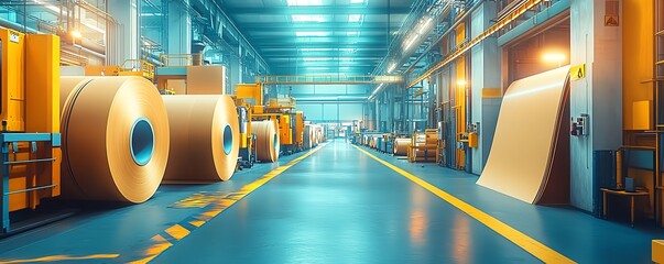 Poster - Vibrant factory setting with large industrial machines producing paperboard, illustrating the scale and technology of modern manufacturing