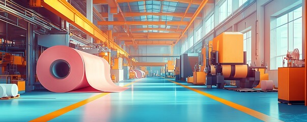 Poster - Vibrant factory setting with large industrial machines producing paperboard, illustrating the scale and technology of modern manufacturing