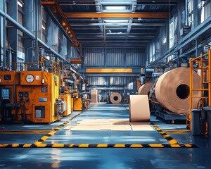 Poster - Vibrant factory setting with large industrial machines producing paperboard, illustrating the scale and technology of modern manufacturing