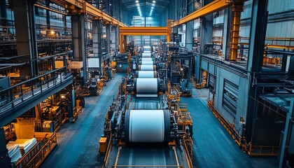 Aufkleber - Aerial view of a paperboard manufacturing facility, showcasing the machinery and factory layout dedicated to efficient production