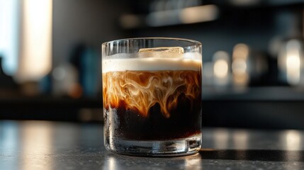 Refreshing cold brew coffee with milk in modern kitchen setting for food photography and beverage design