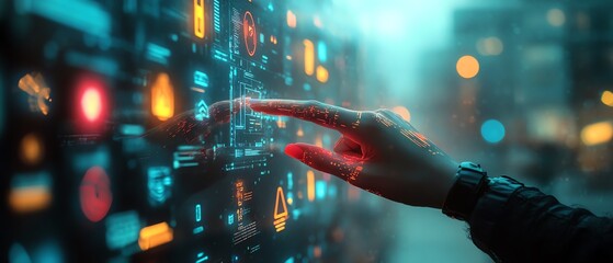 Poster - Artistic depiction of a woman s finger on a holographic display featuring AI icons and chatbots