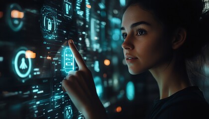Aufkleber - Creative scene of a woman interacting with holographic AI icons