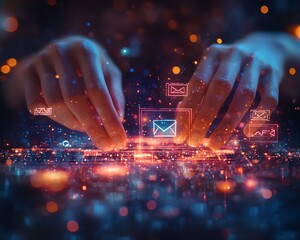 Aufkleber - Dynamic illustration of a young woman s hands touching virtual web browser windows, showcasing email and search features, bright and engaging visuals, digital technology theme