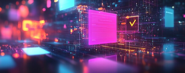 Aufkleber - Futuristic document management system hologram displaying files and glowing checkmarks