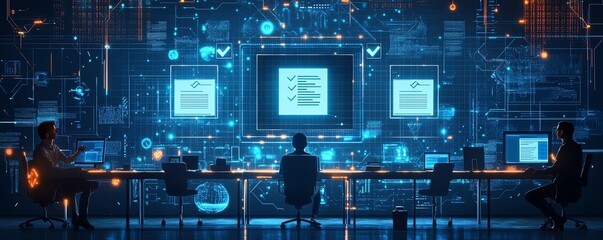 Leinwandbilder - Illustration of a digital security interface featuring document icons marked with checkmarks