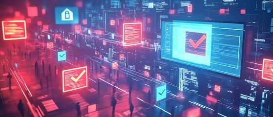 Leinwandbilder - Illustration of a digital security interface featuring document icons marked with checkmarks