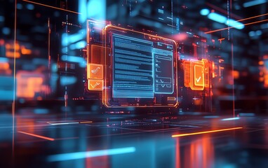 Aufkleber - Illustration of a futuristic document management system hologram displaying files and checkmarks