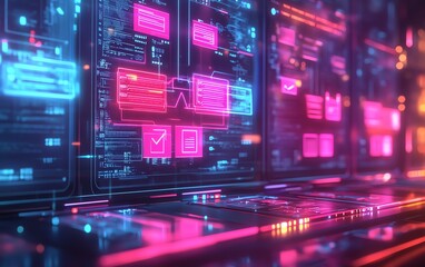 Aufkleber - Illustration of a futuristic document management system hologram displaying files and checkmarks