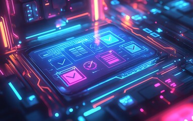 Aufkleber - Illustration of a futuristic document management system hologram displaying files and checkmarks