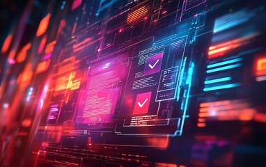 Aufkleber - Illustration of a futuristic document management system hologram displaying files and checkmarks