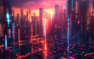 Aufkleber - 3D rendering of digital financial charts and arrows overlaying a modern cityscape